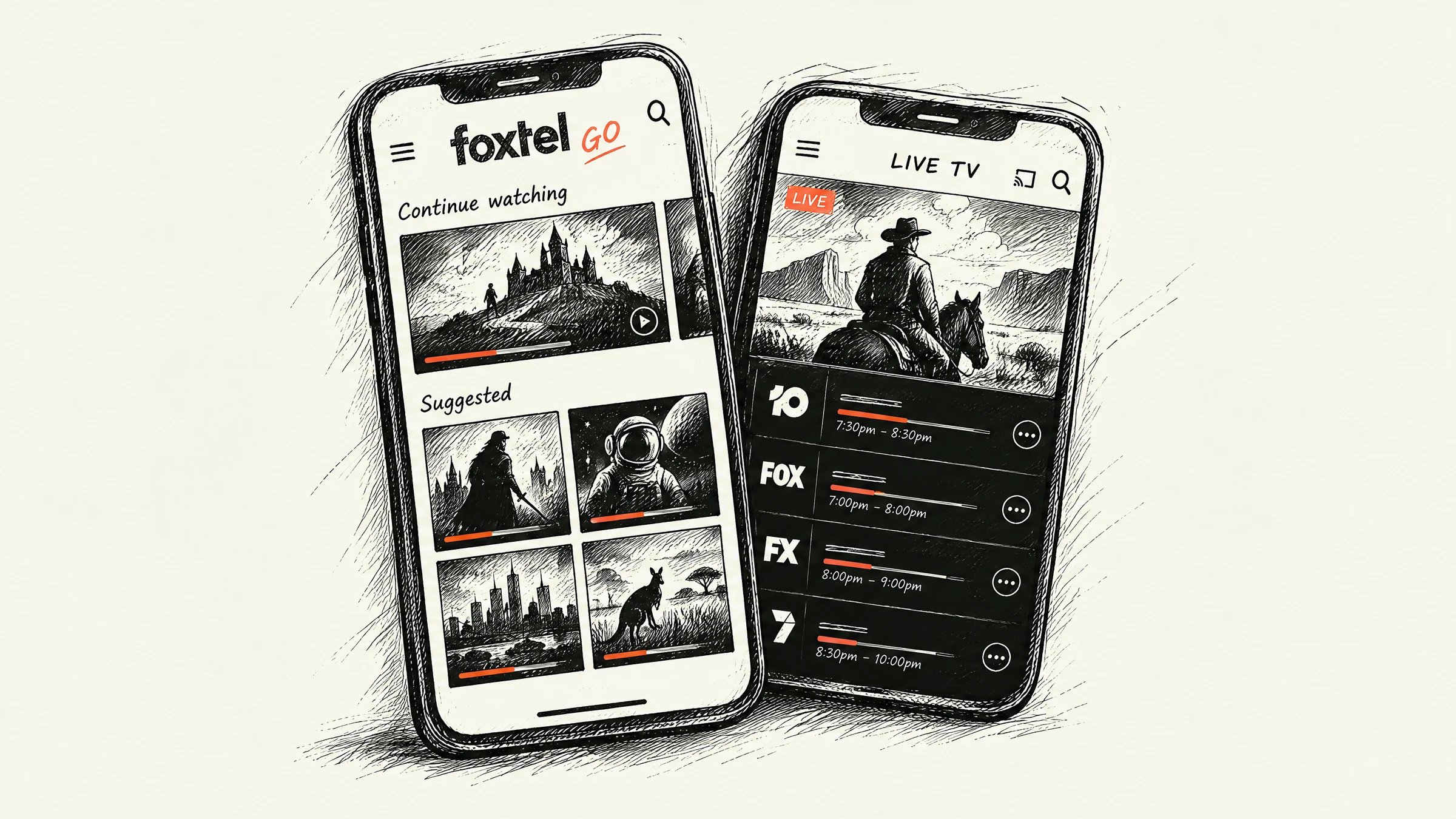 Foxtel Go project recreated as an ink illustration