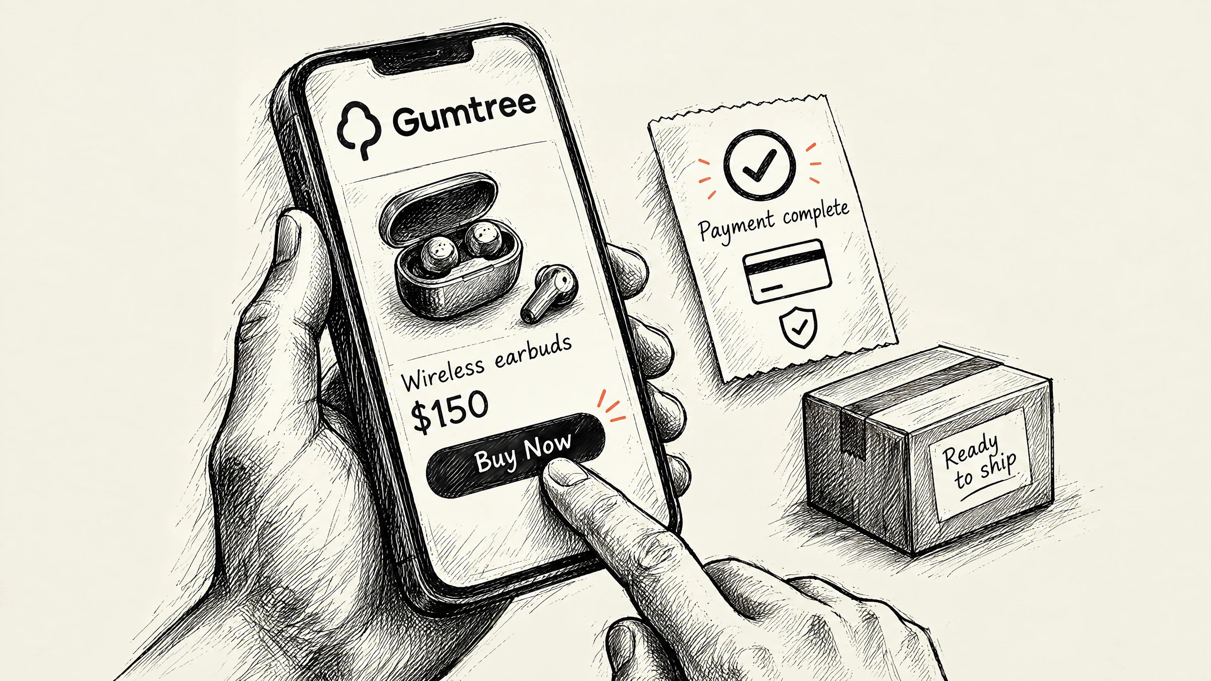 Ink illustration of buying on Gumtree with online payment and shipping