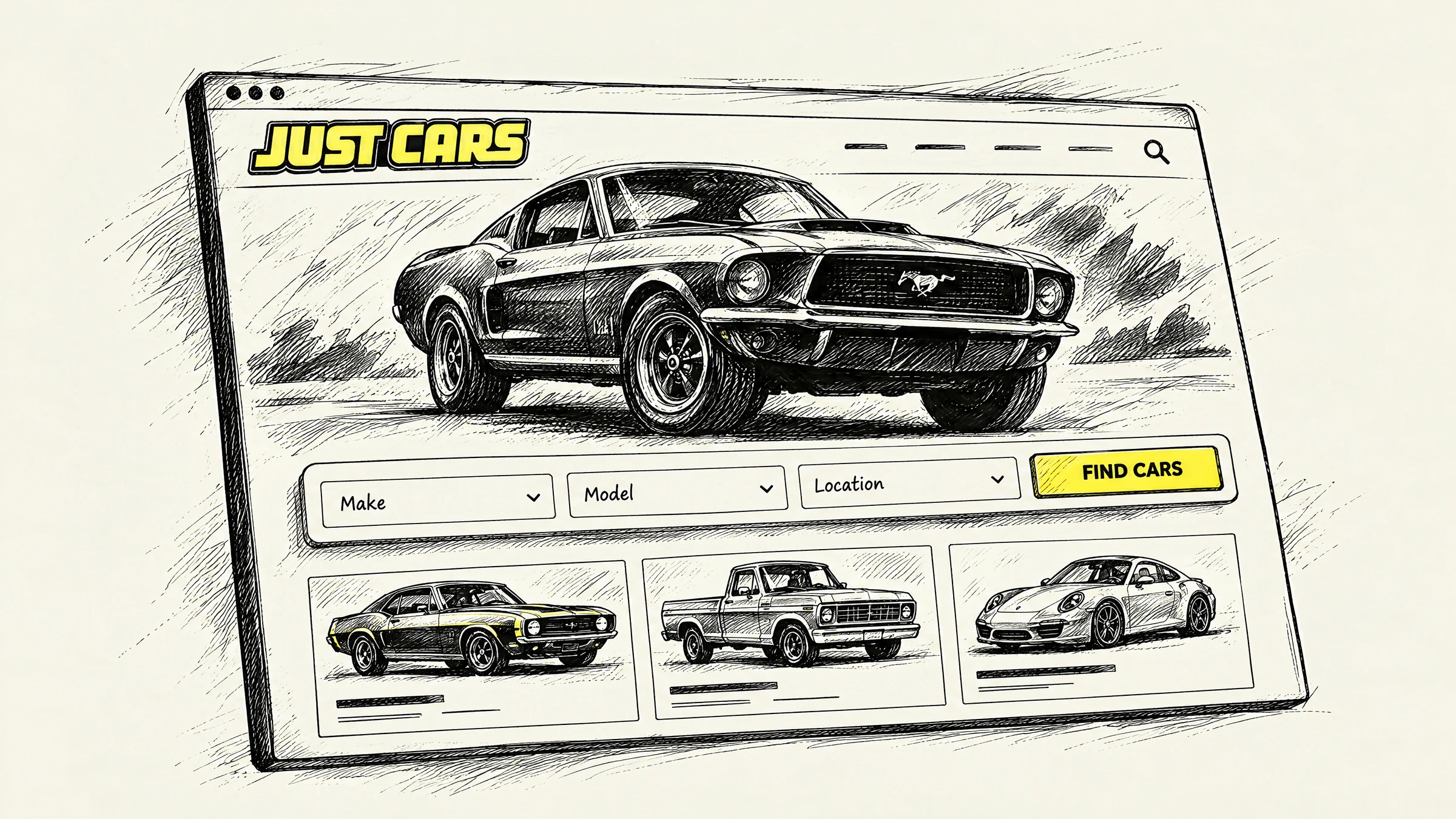 JustAuto / JustCars project recreated as an ink illustration