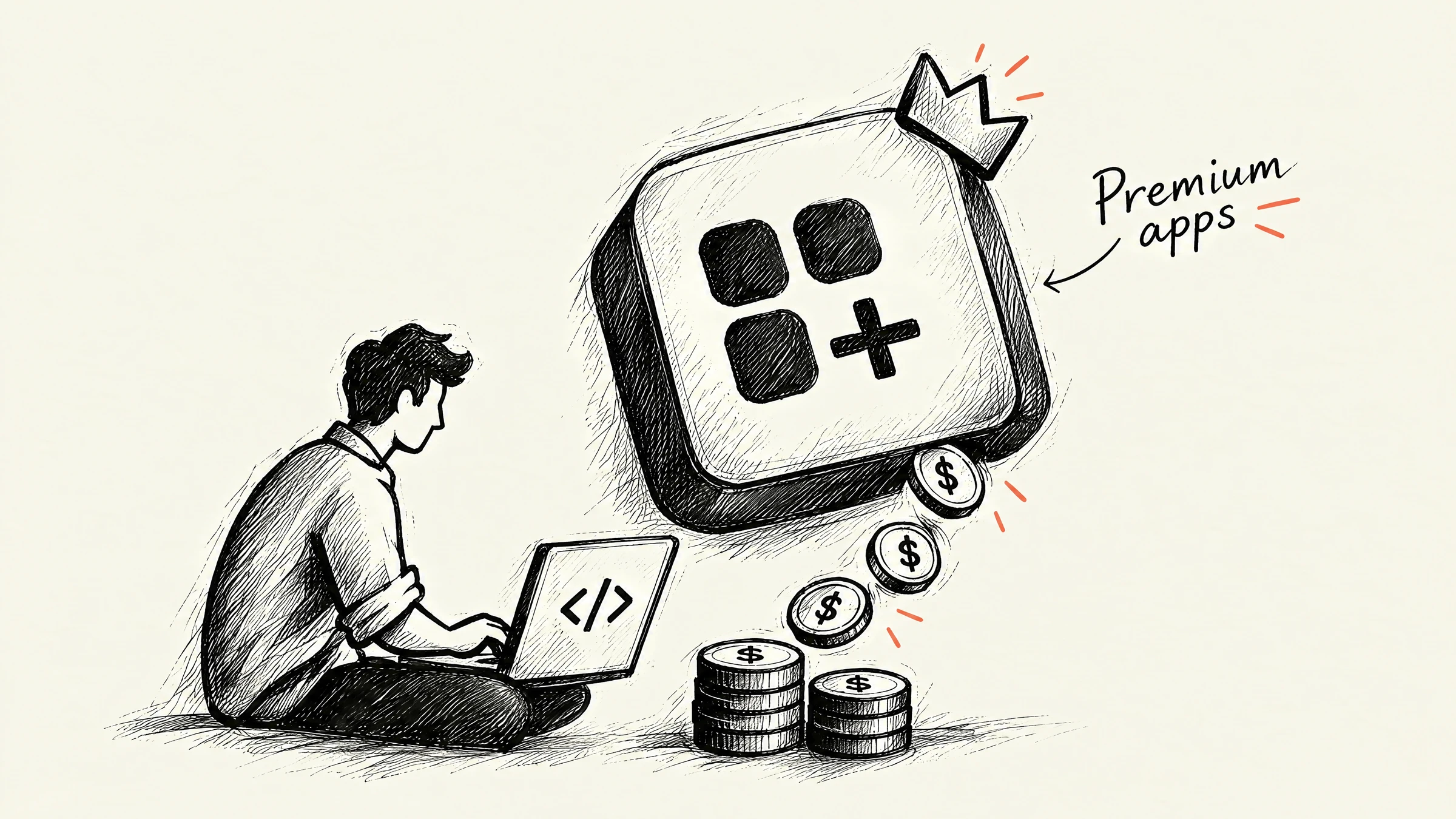 Ink illustration of a developer earning revenue from premium Canva apps